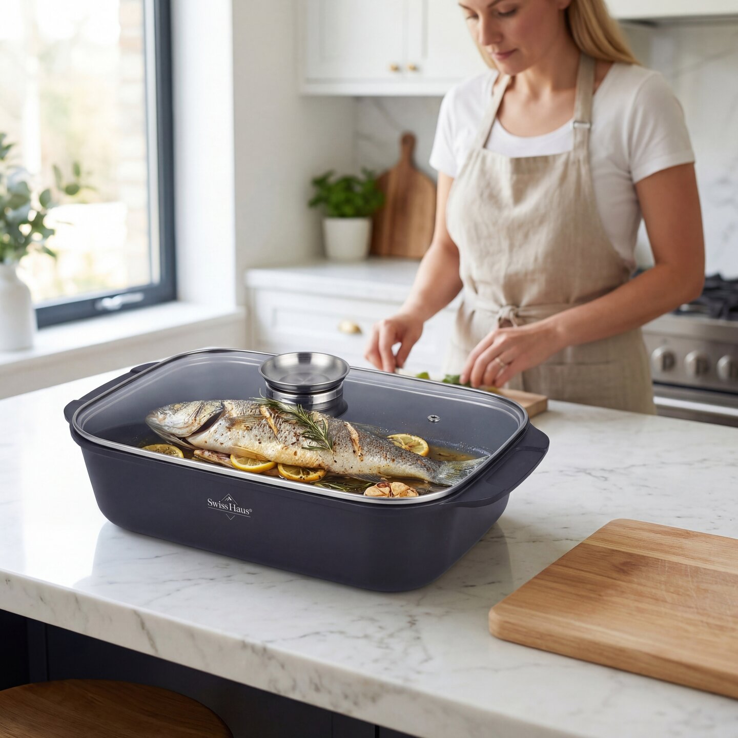 Braadslede marmeren coating 34 cm met glazen deksel