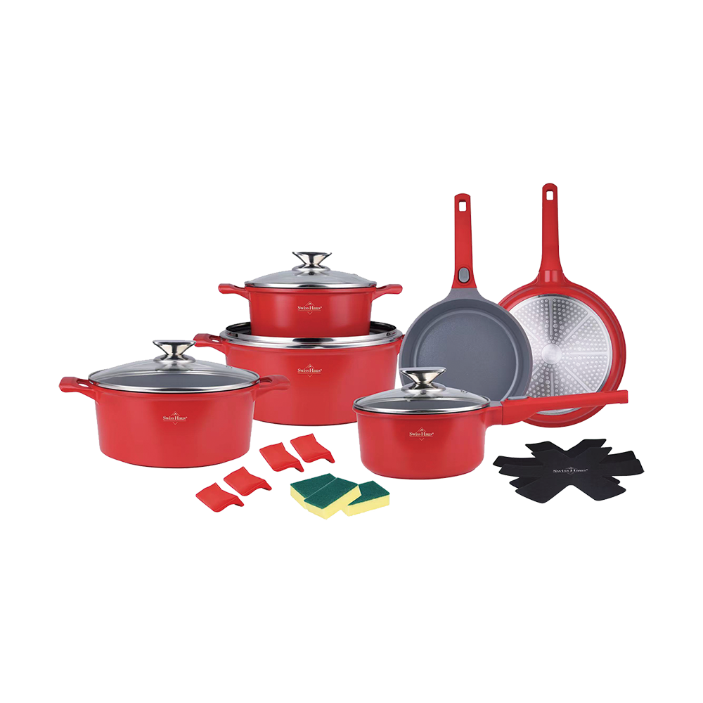 Pannenset 19-delig marmeren coating rood