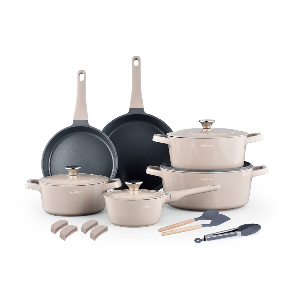 Pannenset marmeren coating 17-delig creme Creuset Swiss-Haus