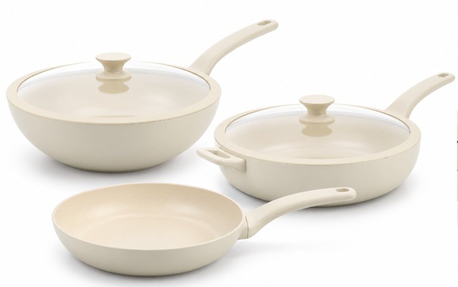 Pannenset 5 delig keramische coating Greenpan Essence Pro Creme