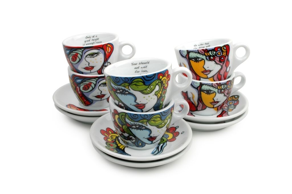 Koffiekopjes met schotels 6 Josien Broeren | Porselein servies met print - Kookwinkel Kitchen&More