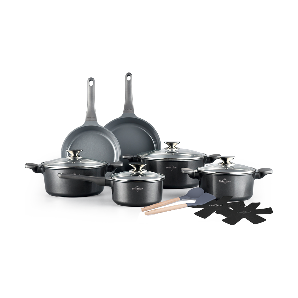 Pannenset 14-delig marmeren coating zilver grijs