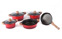Pannenset Wood 8-delig marmeren coating rood