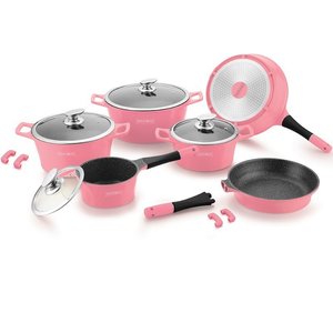 Pannenset 14-delig marmeren coating roze