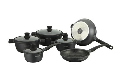 Pannenset 10 delig marmeren coating zwart met wok