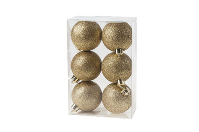 Kerstballen 6 Stuks Kunststof Glitter Goud