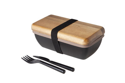 Lunchbox met bestek zwart 15,5 cm