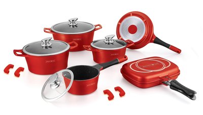 Pannenset marmeren coating 15-delig rood